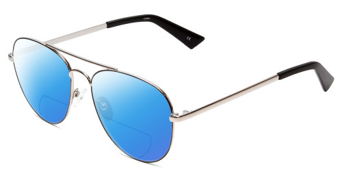Profile View of Book Club Hard Crimes Designer Polarized Reading Sunglasses with Custom Cut Powered Blue Mirror Lenses in Black Silver Unisex Pilot Full Rim Metal 55 mm