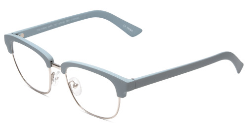 Profile View of Book Club One Drew Over English Test Designer Single Vision Prescription Rx Eyeglasses in Sky Blue Silver Unisex Oval Full Rim Metal 52 mm