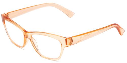 Profile View of Book Club Tail of Two Kitties Designer Reading Eye Glasses with Custom Cut Powered Lenses in Sherbert Crystal Peach Orange Ladies Cat Eye Full Rim Acetate 53 mm