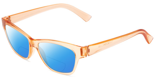 Profile View of Book Club Tail of Two Kitties Designer Polarized Reading Sunglasses with Custom Cut Powered Blue Mirror Lenses in Sherbert Crystal Peach Orange Ladies Cat Eye Full Rim Acetate 53 mm