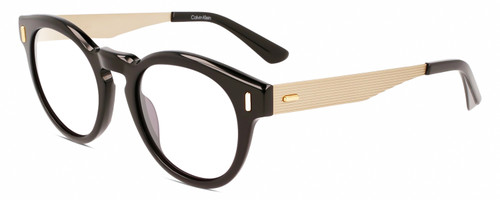 Profile View of Calvin Klein CK21527S Designer Bi-Focal Prescription Rx Eyeglasses in Gloss Black Gold Unisex Round Full Rim Acetate 50 mm