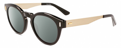 Profile View of Calvin Klein CK21527S Designer Polarized Sunglasses with Custom Cut Smoke Grey Lenses in Gloss Black Gold Unisex Round Full Rim Acetate 50 mm