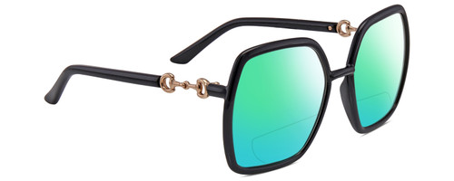 Profile View of Gucci GG0890S Designer Polarized Reading Sunglasses with Custom Cut Powered Green Mirror Lenses in Shiny Black Gold Ladies Hexagonal Full Rim Acetate 55 mm