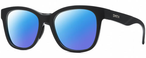 Profile View of Smith Optics Caper-807 Designer Polarized Sunglasses with Custom Cut Blue Mirror Lenses in Gloss Black Unisex Panthos Full Rim Acetate 53 mm