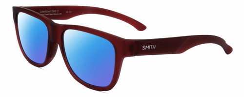 Profile View of Smith Optics Lowdown Slim 2-LPA Designer Polarized Sunglasses with Custom Cut Blue Mirror Lenses in Matte Crystal Maroon Red Unisex Panthos Full Rim Acetate 51 mm