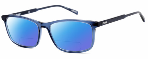 Profile View of Levi's Seasonal LV1018 Designer Polarized Reading Sunglasses with Custom Cut Powered Blue Mirror Lenses in Crystal Blue Unisex Rectangular Full Rim Acetate 55 mm