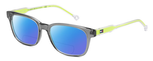 Profile View of Tommy Hilfiger TH1427 Designer Polarized Reading Sunglasses with Custom Cut Powered Blue Mirror Lenses in Grey Crystal Neon Yellow Unisex Oval Full Rim Acetate 50 mm