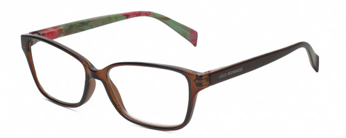 Profile View of Lulu Guinness LR76 Designer Reading Eye Glasses with Custom Cut Powered Lenses in Brown Crystal Green Pink Floral Ladies Rectangular Full Rim Acetate 53 mm