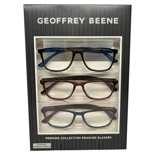 Profile View of Geoffrey Beene 3 PACK Men's Reading Glasses Matte Black,Blue,Dark Tortoise +1.50