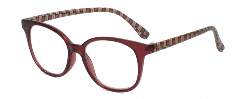 Profile View of Elle EL15576R Designer Reading Eye Glasses with Custom Cut Powered Lenses in Crystal Berry Red Pink White Squares Ladies Round Full Rim Acetate 50 mm