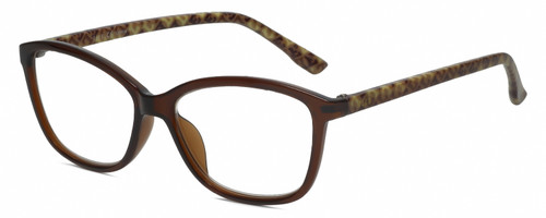 Profile View of Elle EL15578R Designer Reading Eye Glasses with Custom Cut Powered Lenses in Crystal Brown Logo Letter Yellow Ladies Cat Eye Full Rim Acetate 53 mm