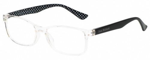 Profile View of Isaac Mizrahi IM31275R Designer Bi-Focal Prescription Rx Eyeglasses in Clear Crystal Black White Polka Dot Ladies Oval Full Rim Acetate 55 mm
