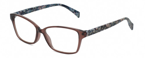 Profile View of Isaac Mizrahi IM31324R Designer Reading Eye Glasses with Custom Cut Powered Lenses in Rose Pink Crystal Floral Blue Ladies Cat Eye Full Rim Acetate 52 mm