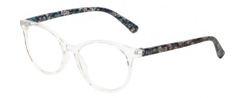 Profile View of Isaac Mizrahi IM31325R Designer Progressive Lens Prescription Rx Eyeglasses in Crystal Clear Floral Blue White Ladies Round Full Rim Acetate 49 mm