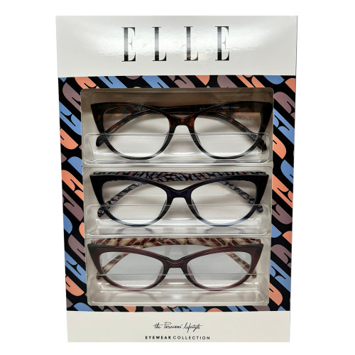Profile View of Elle 3 PACK Gift Box Womens Reading Glasses Tortoise,Blue Pink,Crystal Red +2.50