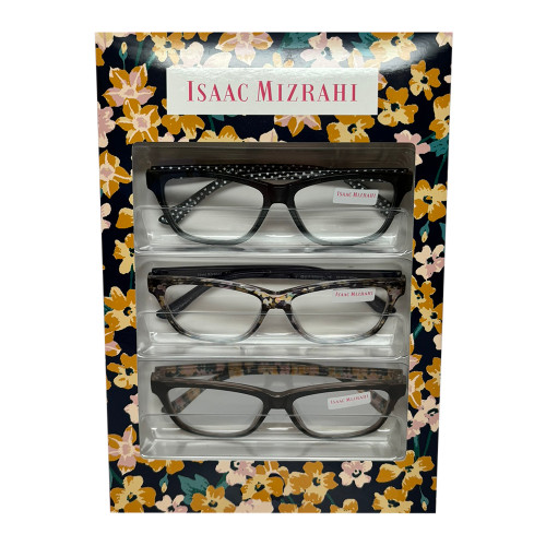 Profile View of Isaac Mizrahi 3 PACK Gift Box Womens Reading Glasses Black,Tortoise,Yellow +2.00