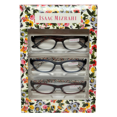 Profile View of Isaac Mizrahi 3 PACK Gift Box Women's Reading Glasses in Tortoise,Blue,Red +1.50