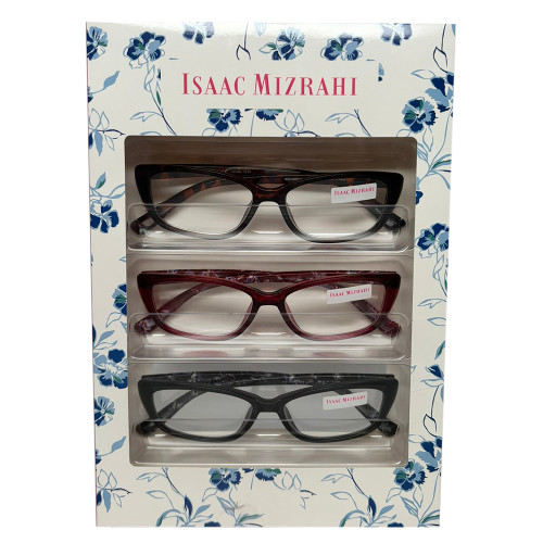 Profile View of Isaac Mizrahi 3 PACK Gift Box Womens Reading Glasses in Tortoise,Red,Black +2.00