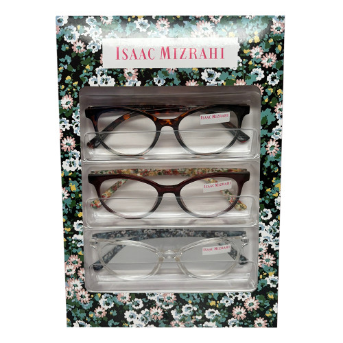 Profile View of Isaac Mizrahi 3 PACK Gift Box Women's Reading Glasses Tortoise,Crystal,Red +2.00
