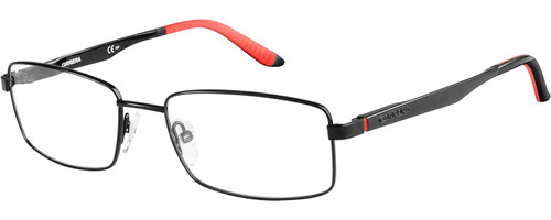 Profile View of Carrera CA8812 Designer Reading Eye Glasses with Custom Cut Powered Lenses in Gloss Black Coral Red Mens Rectangle Full Rim Stainless Steel 55 mm