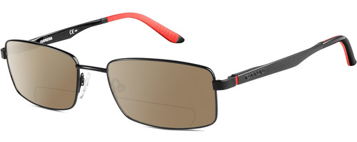 Profile View of Carrera CA8812 Designer Polarized Reading Sunglasses with Custom Cut Powered Amber Brown Lenses in Gloss Black Coral Red Mens Rectangle Full Rim Stainless Steel 55 mm