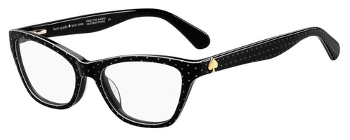 Profile View of Kate Spade ALAYSHA Designer Single Vision Prescription Rx Eyeglasses in Gloss Black White Polka Dot Ladies Cat Eye Full Rim Acetate 51 mm