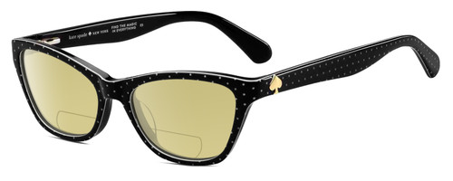Profile View of Kate Spade ALAYSHA Designer Polarized Reading Sunglasses with Custom Cut Powered Sun Flower Yellow Lenses in Gloss Black White Polka Dot Ladies Cat Eye Full Rim Acetate 51 mm