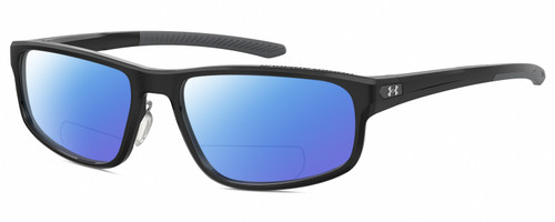 Profile View of Under Armour UA-5014 Designer Polarized Reading Sunglasses with Custom Cut Powered Blue Mirror Lenses in Gloss Black Matte Grey Mens Oval Full Rim Acetate 56 mm