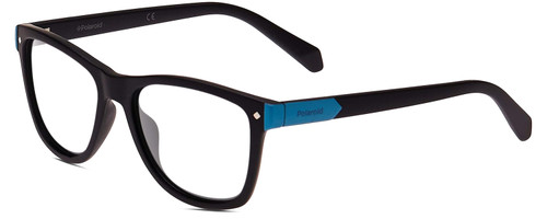 Profile View of Polaroid Kids 8025/S Designer Blue Light Blocking Eyeglasses in Matte Black Blue Unisex Panthos Full Rim Acetate 48 mm