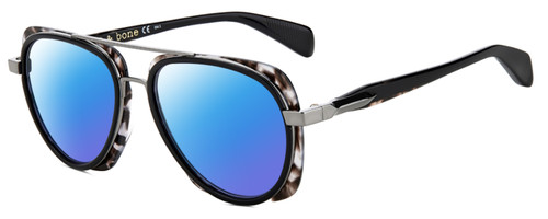 Profile View of Rag&Bone 5035 Designer Polarized Sunglasses with Custom Cut Blue Mirror Lenses in Black Gunmetal Grey Horn Marble Unisex Pilot Full Rim Acetate 55 mm