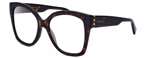 Profile View of GUCCI GG0459S-002 Designer Reading Eye Glasses with Custom Cut Powered Lenses in Dark Brown Havana Tortoise Gold Ladies Cateye Full Rim Acetate 54 mm