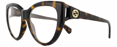 Profile View of GUCCI GG0877S-002 Designer Reading Eye Glasses with Custom Cut Powered Lenses in Dark Brown Havana Tortoise Gold Ladies Cat Eye Full Rim Acetate 56 mm