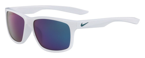 Profile View of NIKE Essent-Chaser-103 Unisex Square Sunglass White Green/Turquoise Mirror 59 mm