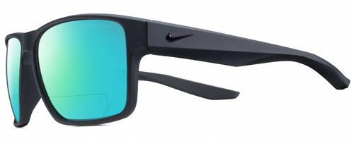 Profile View of NIKE Essent-Venture-002 Designer Polarized Reading Sunglasses with Custom Cut Powered Green Mirror Lenses in Matte Black Unisex Square Full Rim Acetate 59 mm