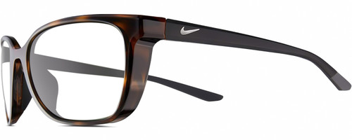 Profile View of NIKE Sentiment-220 Designer Blue Light Blocking Eyeglasses in Gloss Brown Tortoise Havana Matte Black Grey Ladies Square Full Rim Acetate 56 mm