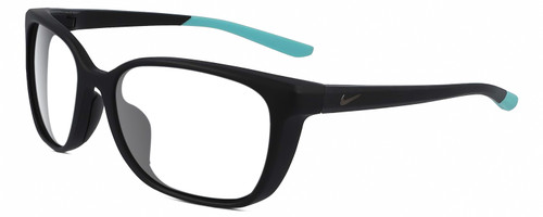 Profile View of NIKE Sentiment-CT7886-010 Designer Reading Eye Glasses with Custom Cut Powered Lenses in Matte Black Teal Blue Ladies Square Full Rim Acetate 56 mm