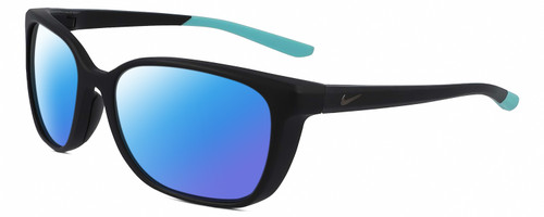 Profile View of NIKE Sentiment-CT7886-010 Designer Polarized Sunglasses with Custom Cut Blue Mirror Lenses in Matte Black Teal Blue Ladies Square Full Rim Acetate 56 mm