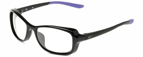 Profile View of NIKE Breeze-CT8031-010 Designer Reading Eye Glasses with Custom Cut Powered Lenses in Gloss Black Matte Purple Ladies Oval Full Rim Acetate 57 mm