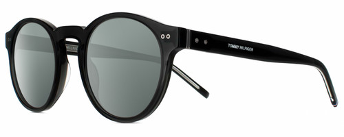 Profile View of Tommy Hilfiger TH 1795/S Designer Polarized Sunglasses with Custom Cut Smoke Grey Lenses in Gloss Black Silver Unisex Round Full Rim Acetate 50 mm
