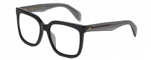 Profile View of Rag&Bone RNB1018/S Designer Progressive Lens Prescription Rx Eyeglasses in Gloss Black Grey Crystal Ladies Square Full Rim Acetate 56 mm