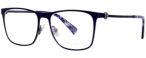 Profile View of John Varvatos V182 Designer Bi-Focal Prescription Rx Eyeglasses in Matte Navy Blue Gunmetal Skull Accents Unisex Square Full Rim Metal 55 mm
