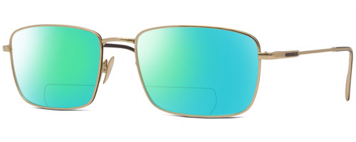 Profile View of John Varvatos V184 Designer Polarized Reading Sunglasses with Custom Cut Powered Green Mirror Lenses in Shiny Gold Matte Black Unisex Rectangular Full Rim Metal 54 mm