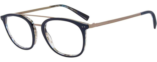 Profile View of John Varvatos V378 Designer Bi-Focal Prescription Rx Eyeglasses in Gloss Navy Blue Smokey Grey 2-Tone Gunmetal Unisex Panthos Full Rim Acetate 49 mm