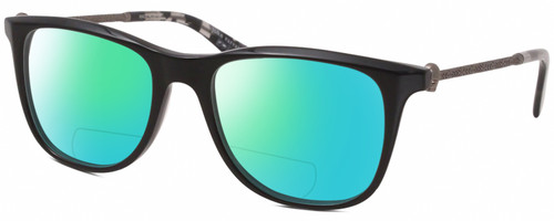 Profile View of John Varvatos V418 Designer Polarized Reading Sunglasses with Custom Cut Powered Green Mirror Lenses in Gloss Black Gunmetal Skull Accents Clear Unisex Panthos Full Rim Acetate 52 mm
