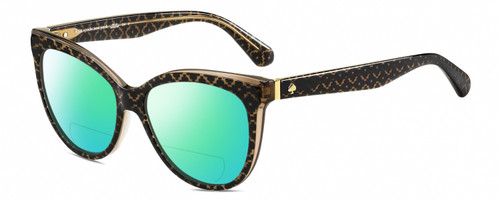 Profile View of Kate Spade DAESHA/S 305 Designer Polarized Reading Sunglasses with Custom Cut Powered Green Mirror Lenses in Brown Crystal Black Floral Pattern Gold Ladies Cat Eye Full Rim Acetate 56 mm