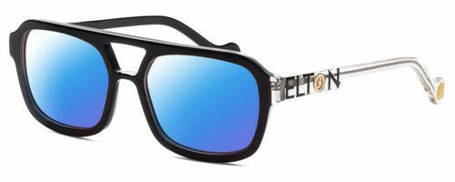Profile View of Elton John HEADLINER Designer Polarized Sunglasses with Custom Cut Blue Mirror Lenses in Gloss Black Clear Crystal Unisex Square Full Rim Acetate 53 mm