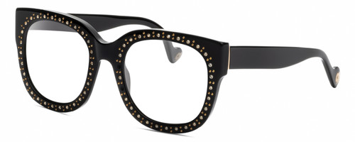 Profile View of Elton John LEGEND Designer Bi-Focal Prescription Rx Eyeglasses in Gloss Black Gold Silver Gemstone Ladies Cat Eye Full Rim Acetate 52 mm