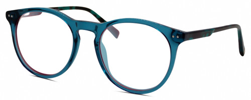 Profile View of Elton John CARIBOU Designer Reading Eye Glasses with Custom Cut Powered Lenses in Electric Blue Green Crystal Unisex Round Full Rim Acetate 51 mm