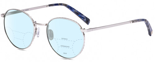 Profile View of Elton John CHOPIN 2 Designer Progressive Lens Blue Light Blocking Eyeglasses in Platinum Silver Blue Grey Unisex Round Full Rim Metal 50 mm