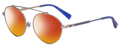 Profile View of Elton John DREAMER 3 Designer Polarized Sunglasses with Custom Cut Red Mirror Lenses in Platinum Silver Cobalt Blue Glitter Unisex Round Full Rim Metal 54 mm